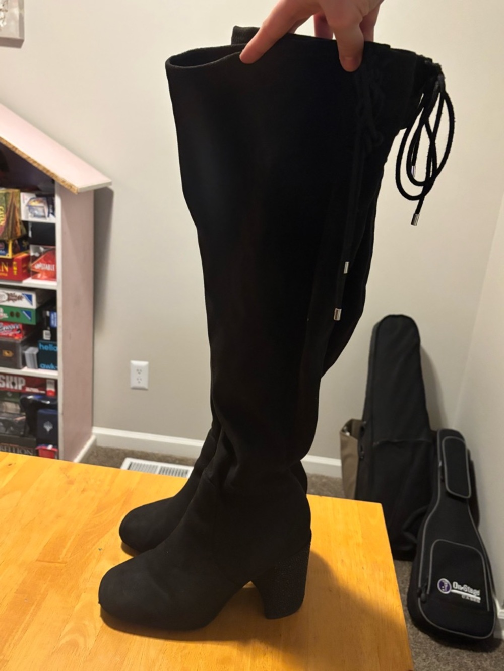 Black Thigh-High Rhinestone Heeled Boots (9WW)
